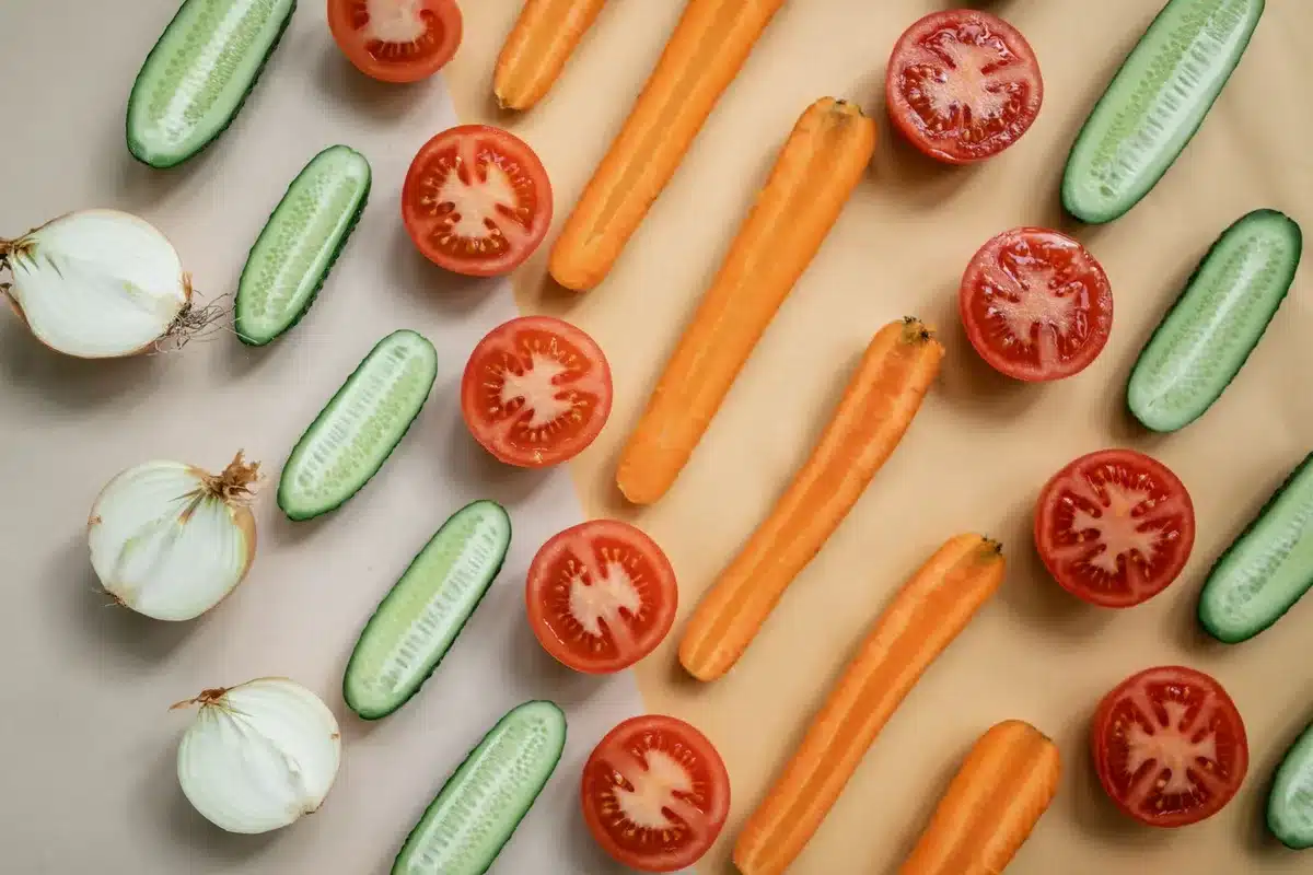 Colorful fresh vegetables and whole grains displayed on a wooden surface