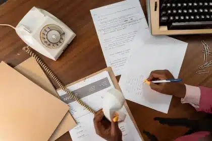Close-up of hands reviewing nonprofit fundraising documents and donation materials on a desk