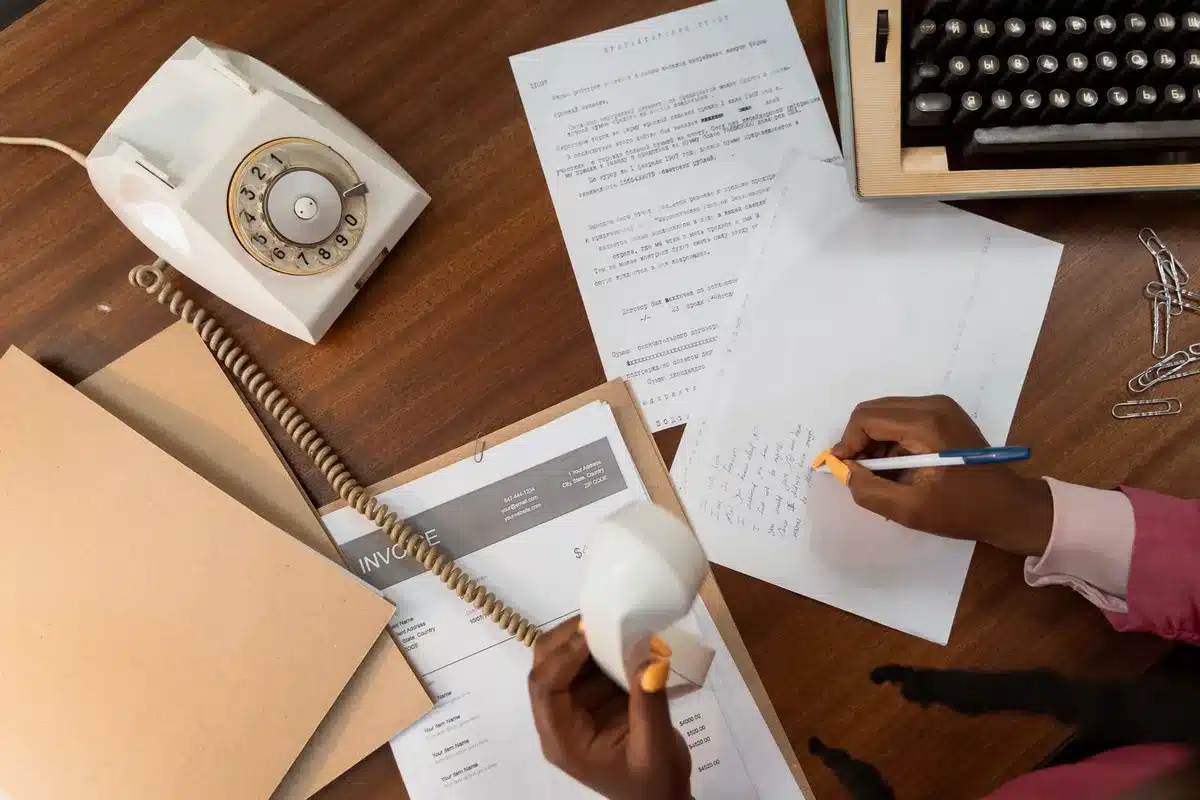 Close-up of hands reviewing nonprofit fundraising documents and donation materials on a desk