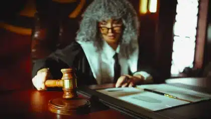 Empty courtroom with witness stand and judge's bench, formal legal setting