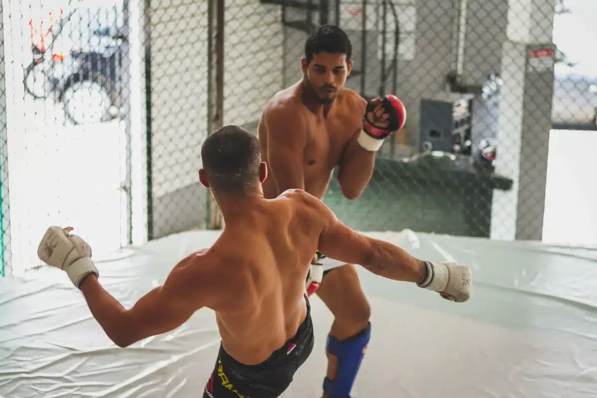 Two anonymous MMA fighters in octagon, one striking stance, one grappling position