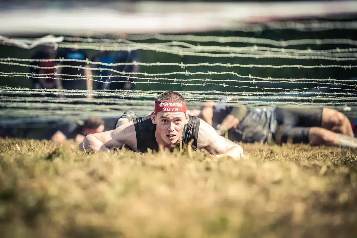 Officials and competitors on a marked fitness race course in action