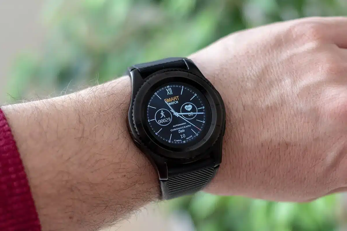 Close-up of a wrist tracker showing step count during a walk