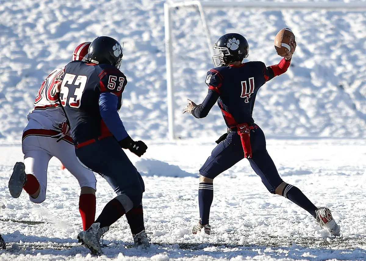 Quarterback dropping back to pass during a college game