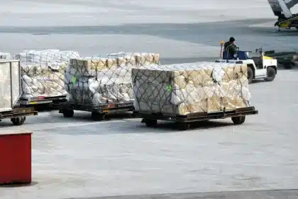 Anonymous hands passing sealed medical supplies box in airport cargo hold