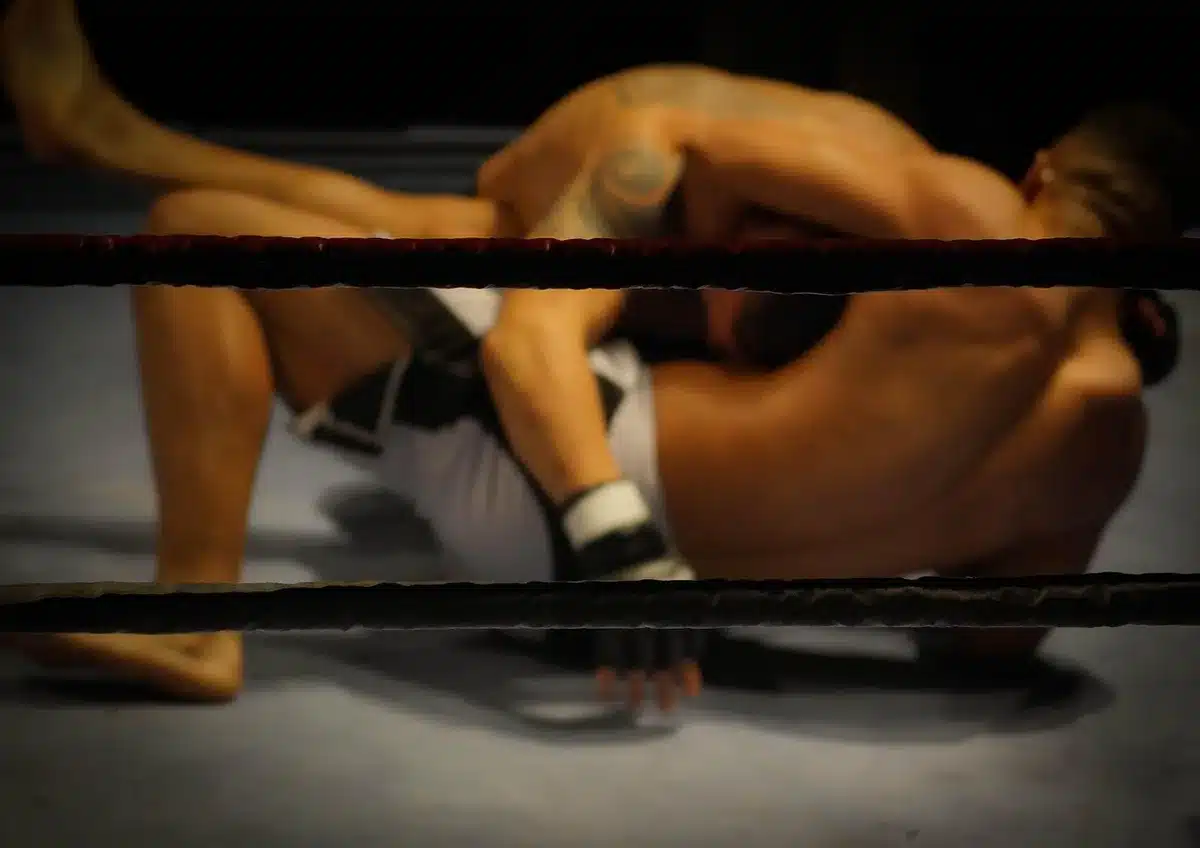 MMA gloves on the octagon canvas with a blurred arena background